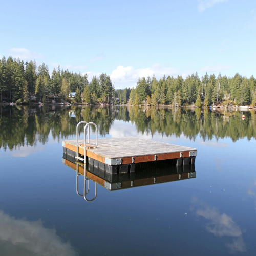 A small wooden dock with a metal ladder sits on a calm, reflective lake surrounded by dense evergreen trees under a clear blue sky. Peaceful ambiance.