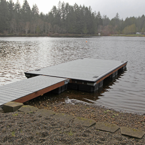 A calm lake with a floating wooden dock extending into the water. Surrounded by a forest of tall trees under an overcast sky, conveying tranquility.
