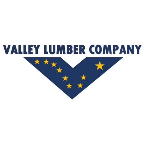 Logo of Valley Lumber Company with bold blue text above a blue V-shape. The V contains eight yellow stars, resembling the Alaskan flag.