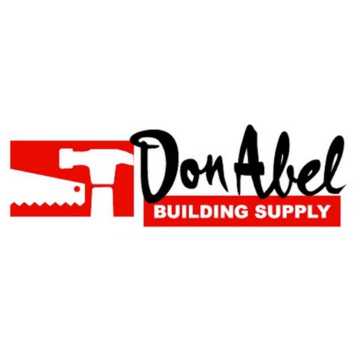 Logo of Don Abel Building Supply featuring a red background with a white hammer and saw silhouette. Black text reads 